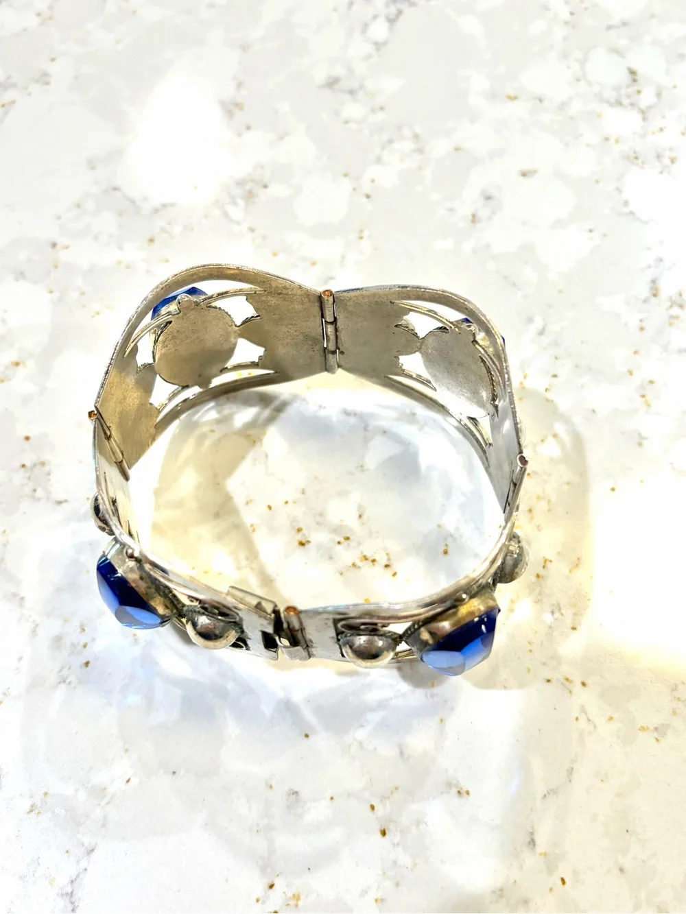 Vintage Taxco Mexico 925 Sterling Silver Blue Glass Panel Bracelet 1950s 42g